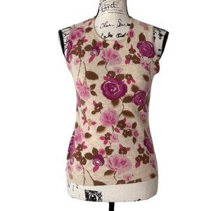 Ann Taylor Loft Floral Lambswool & Angora Sleeveless Sweater Beige Pink Size S